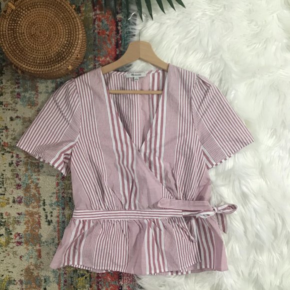 Madewell Tops - Madewell Pink Striped Short Sleeve Wrap Top